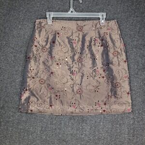 Vintage Handmade Mini Skirt 34" Waist Women's 12-14 Shiny Brown Taffeta Floral